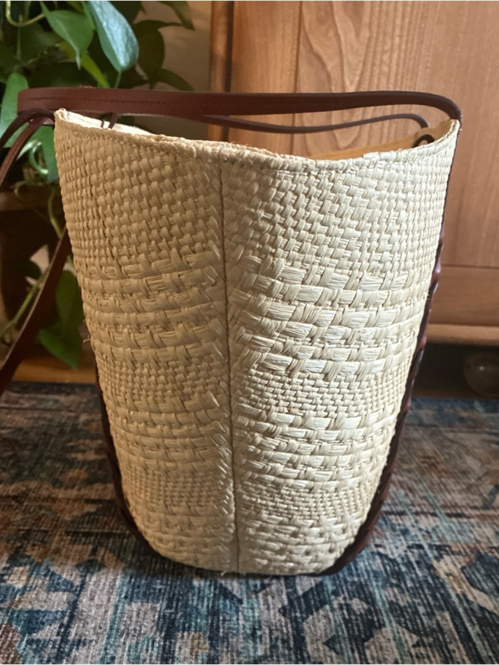 Sezane basket tote natural raffia with brown leather - Picture 3 of 9